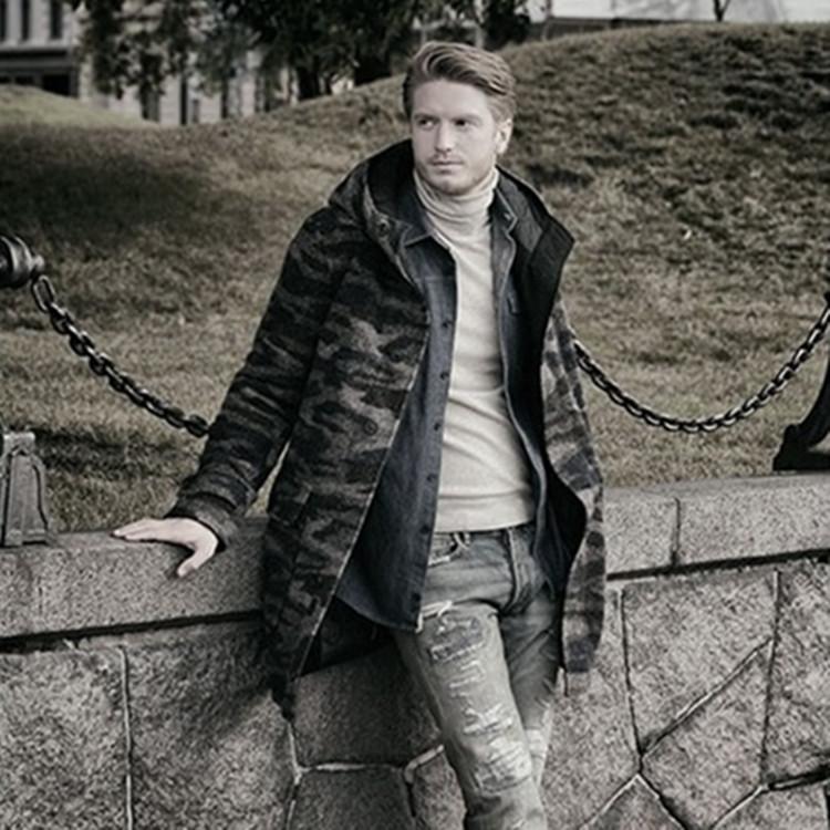 Мужское шерстяное пальто с принтом, теплое с капюшоном, хлопковая подкладка