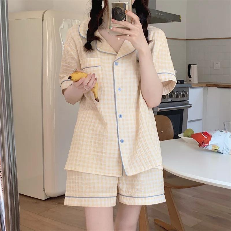 Новая пижама, домашний костюм, женский, с короткими рукавами, для студентов, имитация хлопка, Ins Wind, корейский, зеленый, клетчатый, домашний костюм
