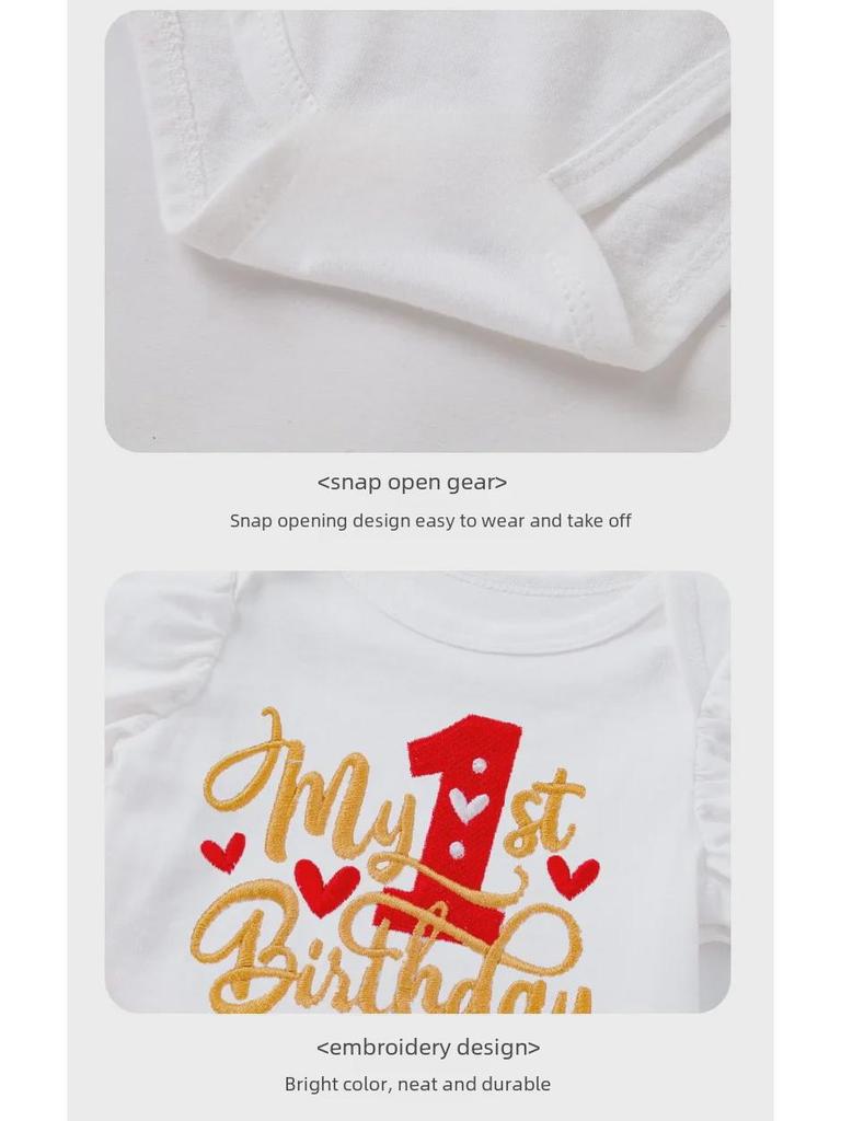 Комплект платьев на первый день рождения корейской девочки: Летняя юбка из вышитой сетки с рукавами-крылышками и аксессуарами для волос