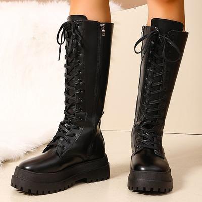Мотоциклетные ботинки на толстой подошве женские весенне-осенние панк на молнии до колена женские на шнуровке из черной искусственной кожи боты женские