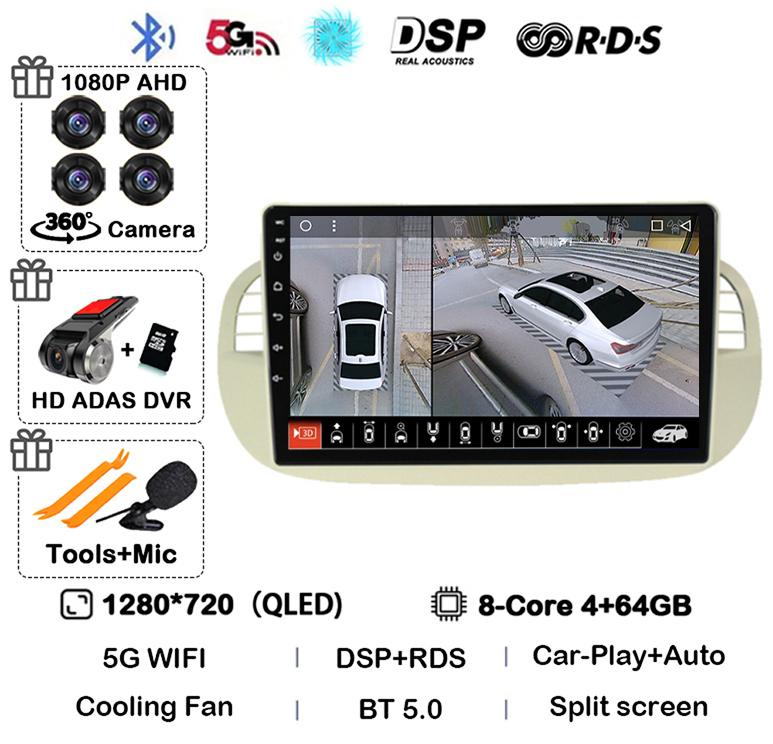 Android 14 Carplay& Auto Car Radio Stereo For Fiat 500 GPS Navigation Steering Wheel Control Multimedia BT WIFI+4G Head Unit DSP