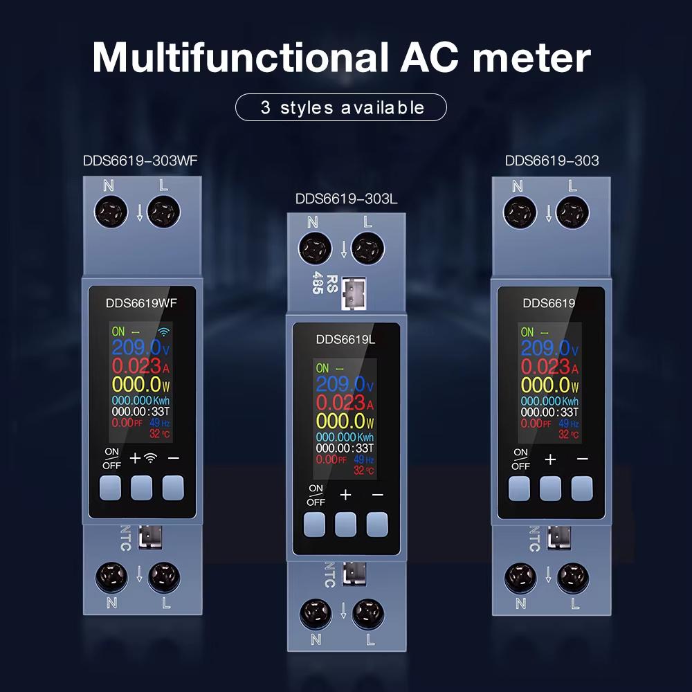 WiFi Tuya DIN Rail AC Voltmeter Smart Energy Meter Voltage/Current/Power/kWh/PF/Hz/Multi-Function 0.96 Inch 8 In 1 Power Meter