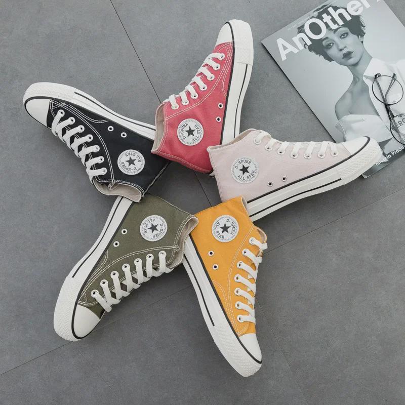 DDOO Women's High-Top Black Canvas Sneakers - Ulzzang Style for Spring and Autumn 2024.