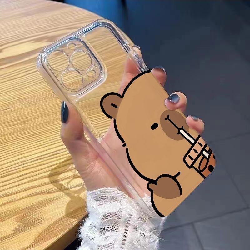 Чехол-держатель для телефона с капибарой и напитком для iPhone 17 Air 16E 16 15 14 11 Pro Max Plus 13 12 Mini 8 7 X Прозрачный противоударный чехол