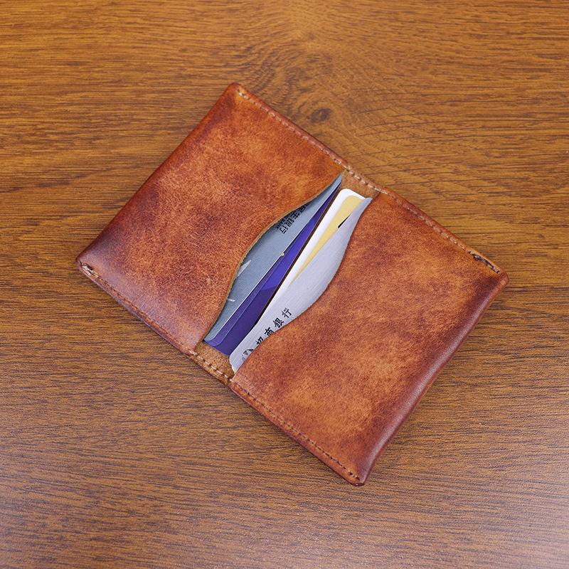 New Head Layer Cow Pickup Bag for Female Students, Simple Card Bag, Retro Vegetable Tanning Leather Used, Brushed, Handmade Business Card Bag