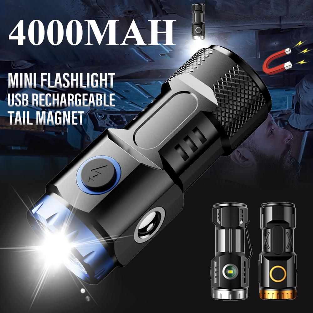 4000MAH Mini Led Flashlight USB Rechargeable Torch Powerful Work Light with Side Light and Shade Camping Lantern with Tail Magnet