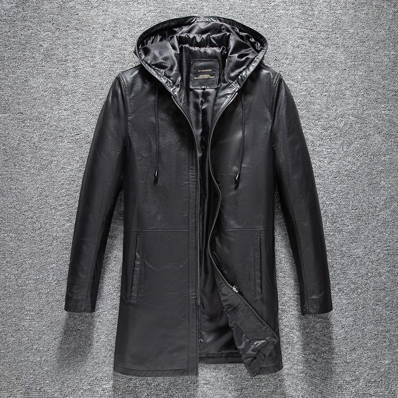 New Autumn Genuine Leather Leather Jacket for Men's Head Layer Cowhide Casual Hooded Long Windbreaker Leather Jacket with Hat