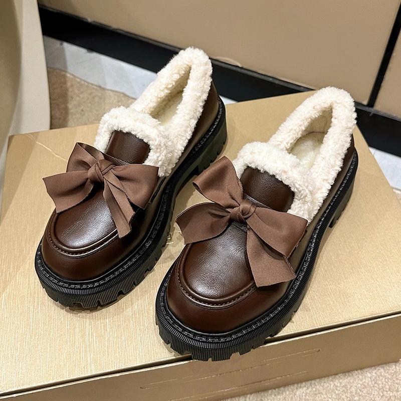 Модные кожаные туфли женские 2024 года, удобные мокасины с круглым носком, толстая подошва, повседневные теплые хлопковые туфли в стиле Лолиты, туфли Мэри Джейн с неглубоким носком