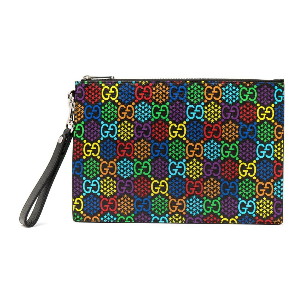 Gucci GG Canvas Rainbow Print Leather Wristlet Clutch Bag Black Daily Party Shopping 601087-H20BN-1058