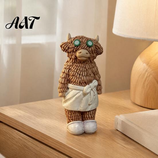 Soft Aesthetic Ornaments Highland Cow Figurine with Bathrobe, Resin Ornament, Cute Cartoon Animal Home Decorations Statue for Desk Shelf Decor & Cafe