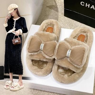 Модные женские зимние домашние теплые и нескользящие хлопковые тапочки 2024 года, модные домашние туфли в стиле ретро с бабочкой и плюшевыми узлом, размер плюс 40
