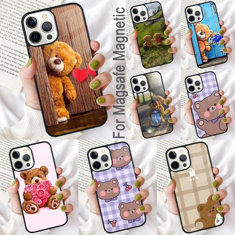 Cute Bear Soft Phone Case for iPhone 17 Air 16e Pro max 15 Pro 13 14 Plus 11 12 MagSafe Magnetic Coque