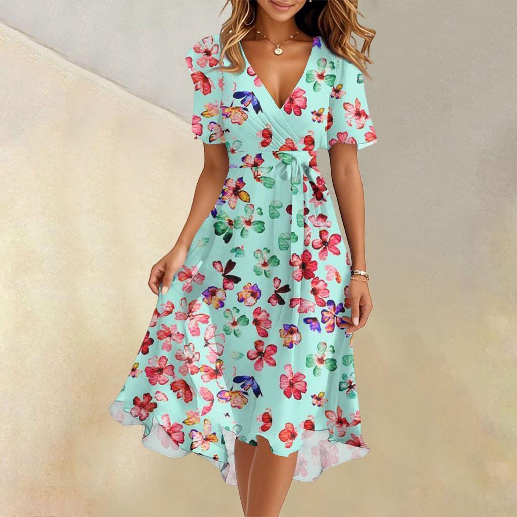 Women's Summer Fashion V-Neck Flared Dress Short Sleeve Floral Dresses