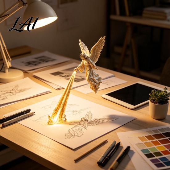 Creative Desktop Figurines for Bedroom Arts PLA Decorative Statue Angel Bookshelf Figurine with Light Art Ornaments Home Unique Hand Carved