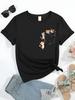 Cat Pattern Spring and Summer Sweat Absorbent Breathable Suitable Women'S Sleeve Round Neck Pocket Print Cute Pocket Tops Tees