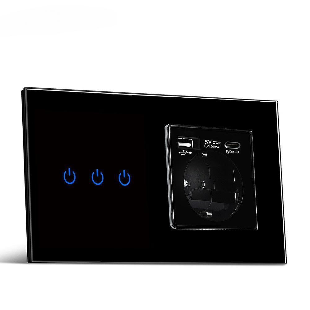 Сенсорный выключатель со стеклянной панелью Европейский стандарт Скрытая комбинация зарядной розетки TYPEC 220В KTY