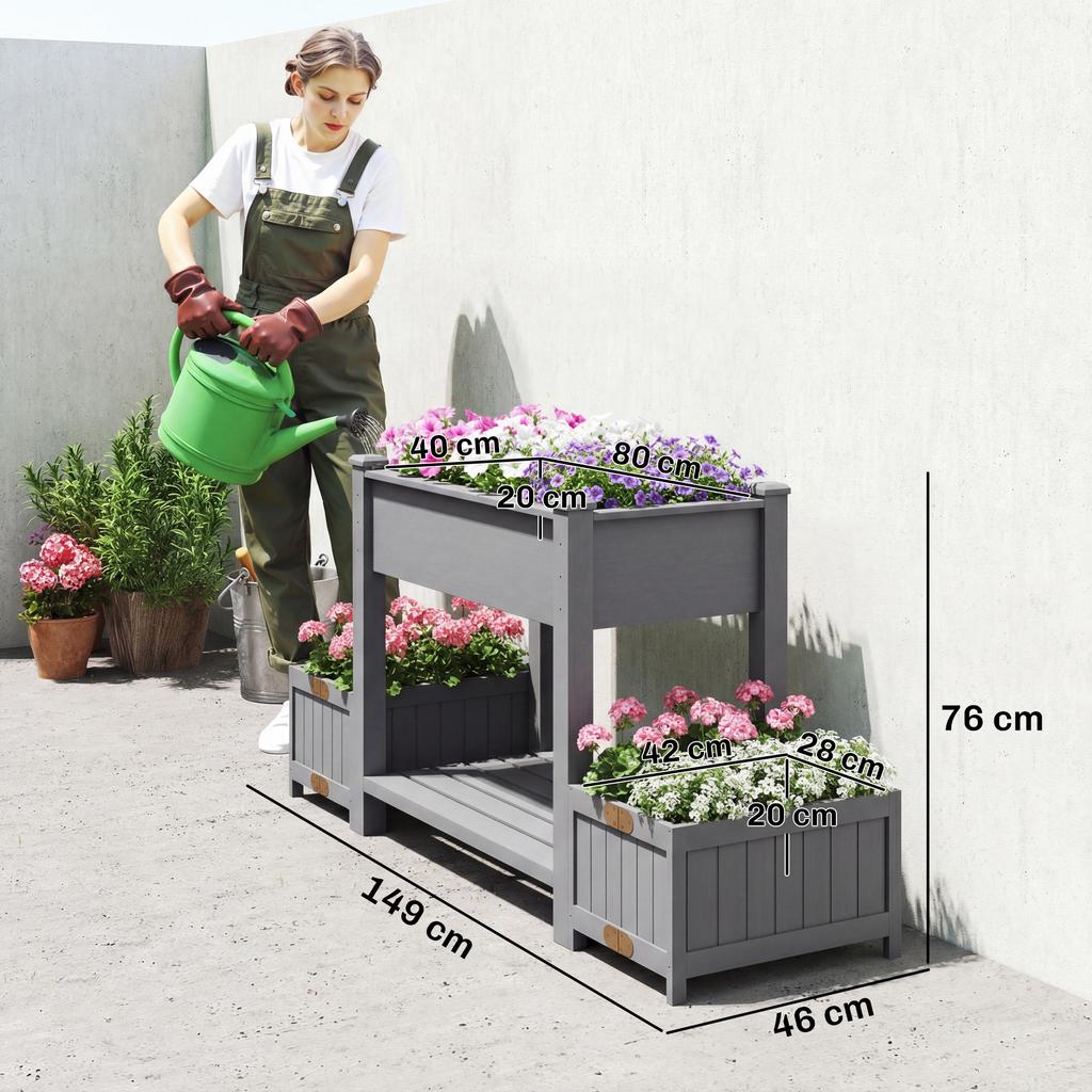 Raised Flower Bed With 2 Side Pots And Shelf For Tools In Fir Wood 149x46x76 Cm Gray
