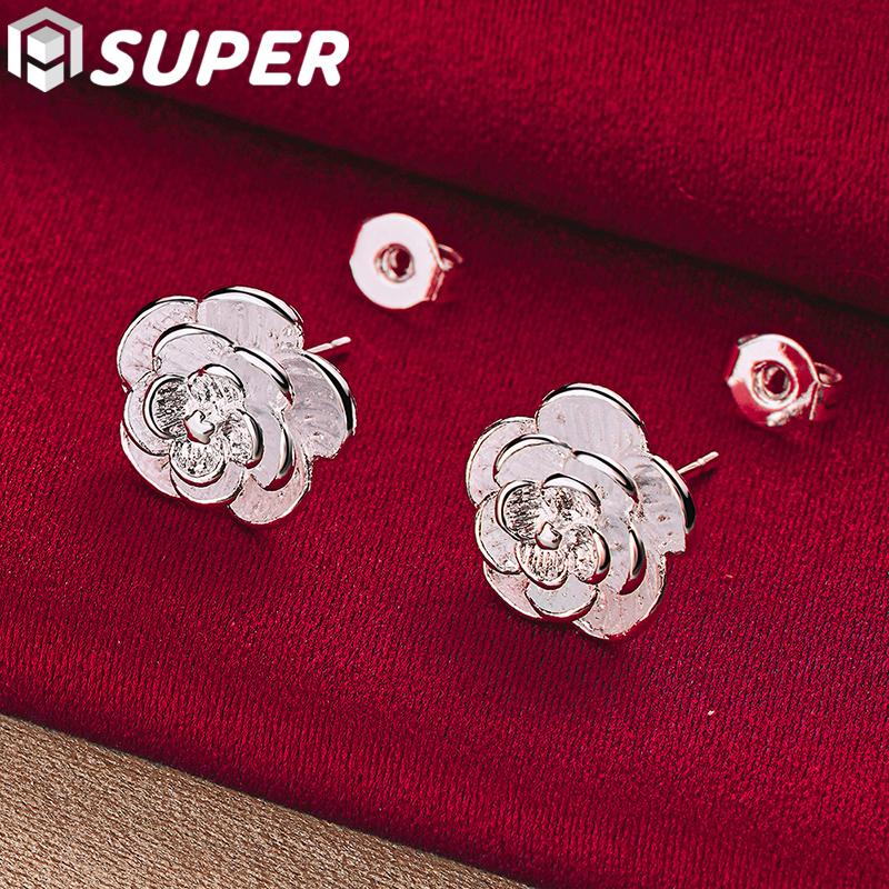 925 Silver Rose Flowers Stud Earrings Jewelry