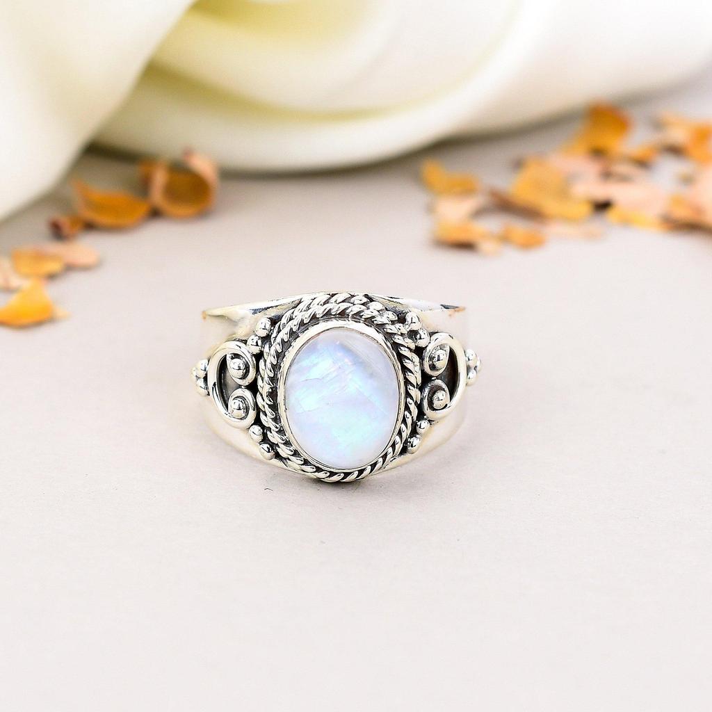 Кольцо из стерлингового серебра 925 пробы с радужным лунным камнем овальной формы, бохо-украшение для женщин