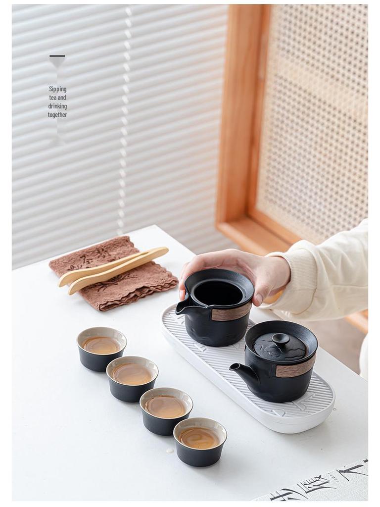 Элегантный портативный керамический чайный набор с деревянным подносом: 1 чайник и 4 чашки для приключений на открытом воздухе