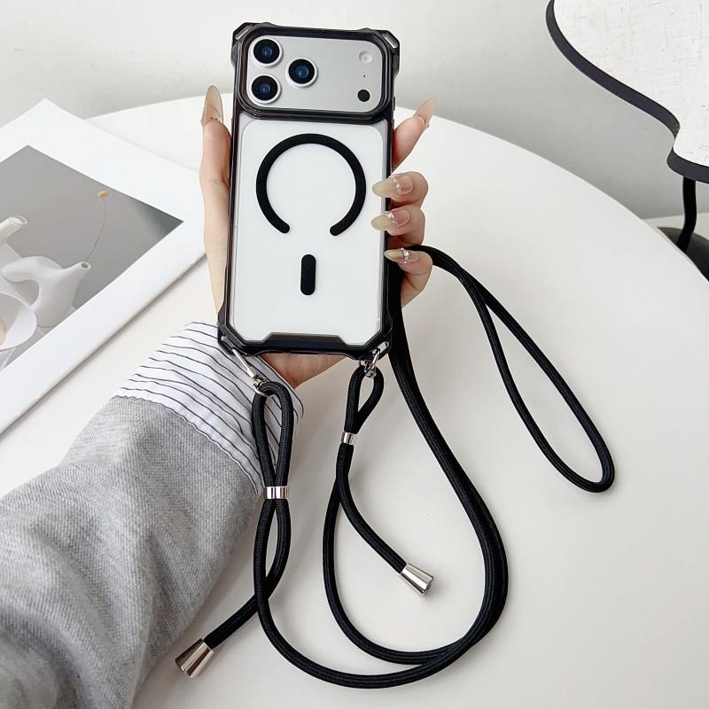 Магнитный Чехол Для iPhone 17 Pro Max 16 13 12 11 14 15 Plus Magsafe Ударопрочный Четыре Угла Ремешок Через Плечо Шнурок Прозрачный Чехол