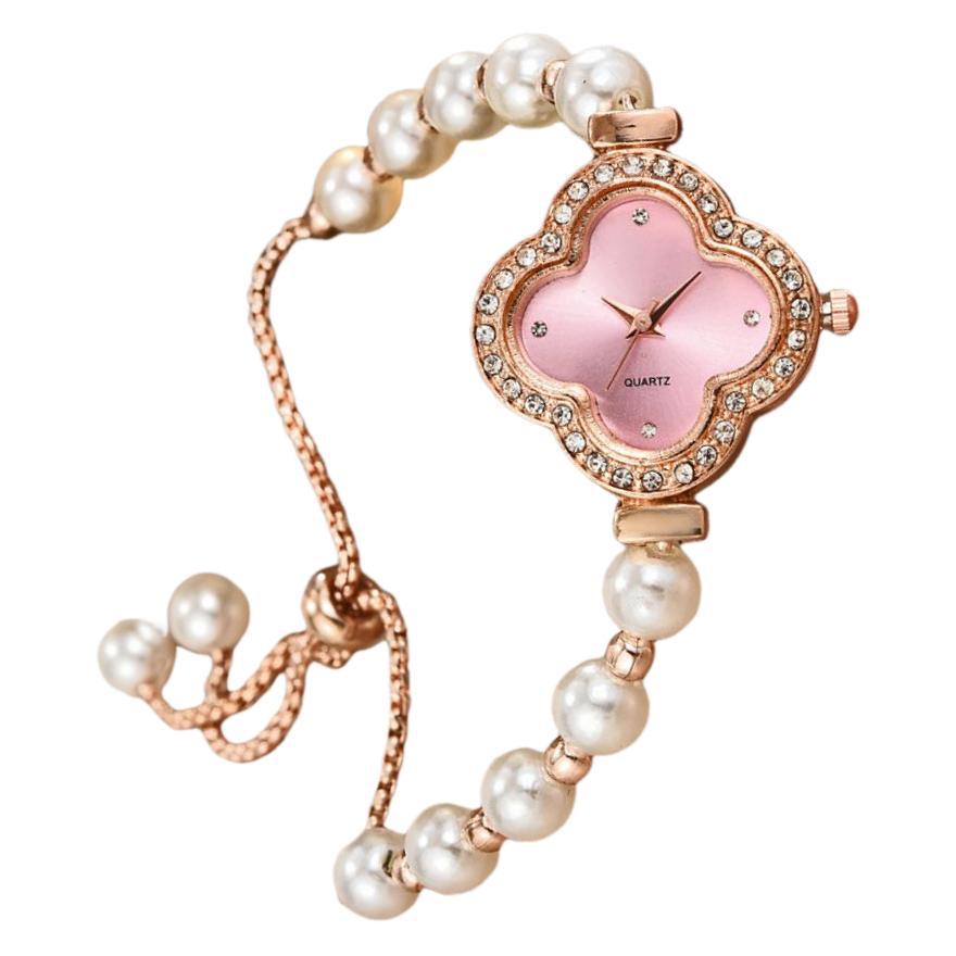 Clover Inlaid with Diamonds, Elegant Dial Decoration, Pearl Pull-out Bracelet, Quartz Watch, the Best Gift for Girls