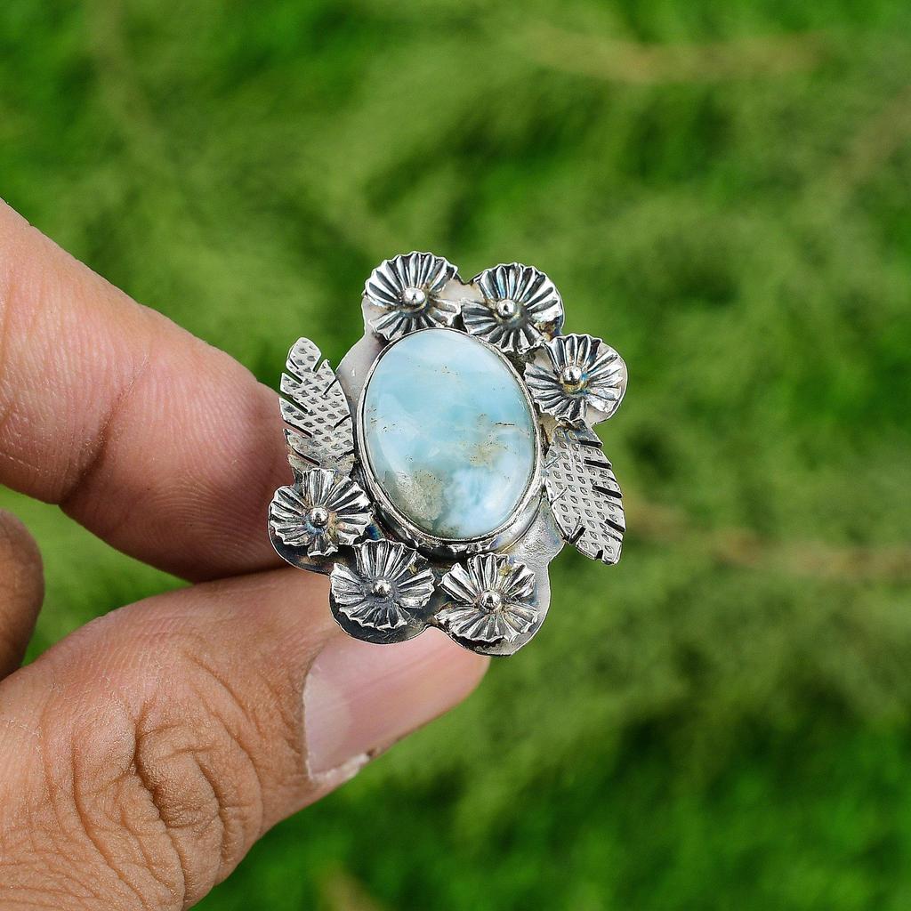 Натуральный Ларимар Драгоценный Камень Штабелируемое Цветочное Регулируемое Кольцо 925 Серебро Для Женщин