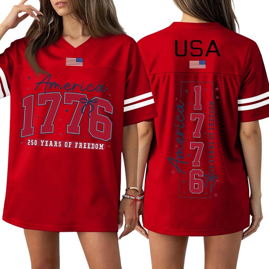 Женская повседневная модная спортивная футболка с V-образным вырезом, принтом ко Дню независимости, коротким рукавом, топ