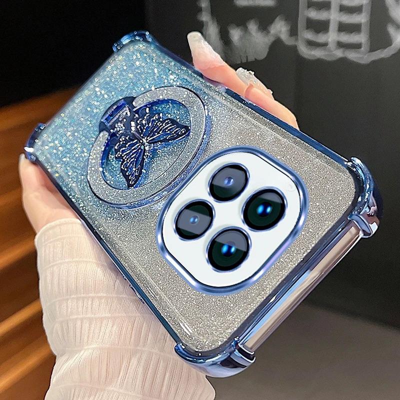 Чехол силиконовый с блестками и бабочкой-подставкой с градиентным покрытием для Xiaomi Redmi Note 14 Pro Plus, противоударный чехол для Mi Poco X7