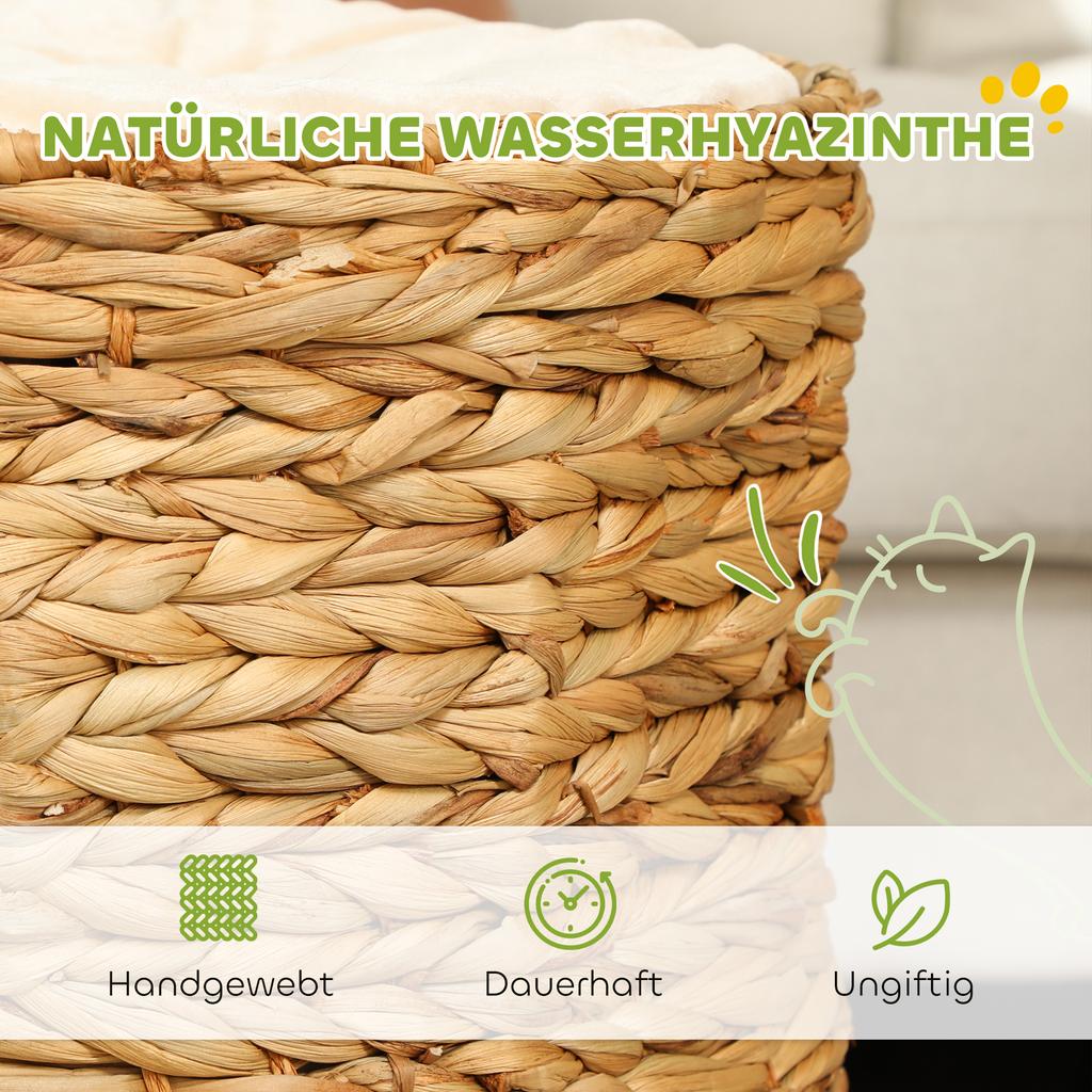 Scratching Barrel, 50 cm, 2 Caves, Cushion, Scratching Post with Cat Bed, Cat Tower made of Water Hyacinth, Light Brown