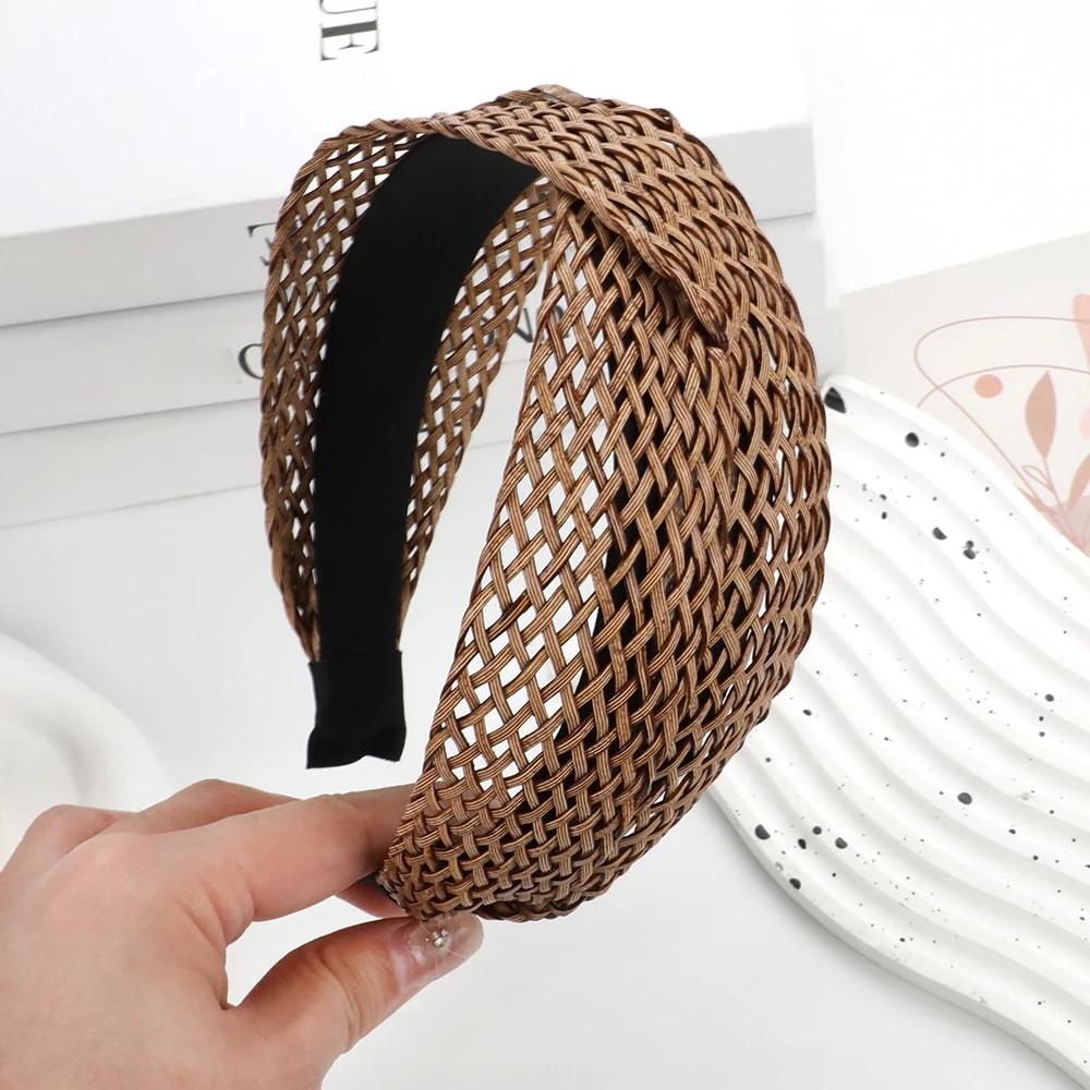 Богемная пляжная соломенная плетеная повязка на голову с перекрестным узлом, женская широкополая плетеная вручную повязка для волос, дорожный праздничный головной убор, аксессуары