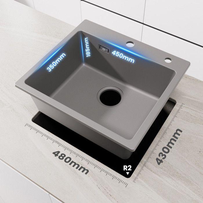 Évier de cuisine - Granit - 50x45cm - Mitigeur extractible - Noir - 1 bac sans égouttoir