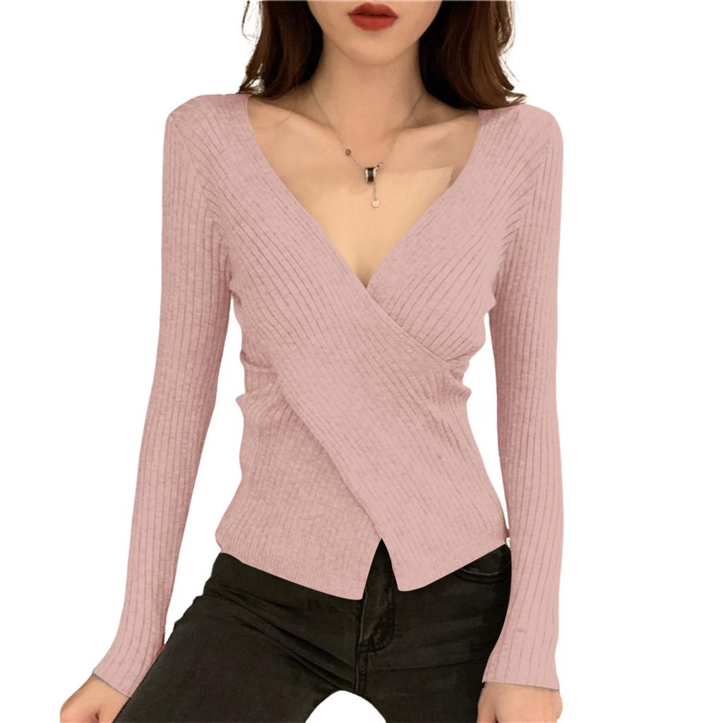 Women's V-neck Sweater Bottoming Shirt With Long Sleeves Cross-fitting Knitted Tights