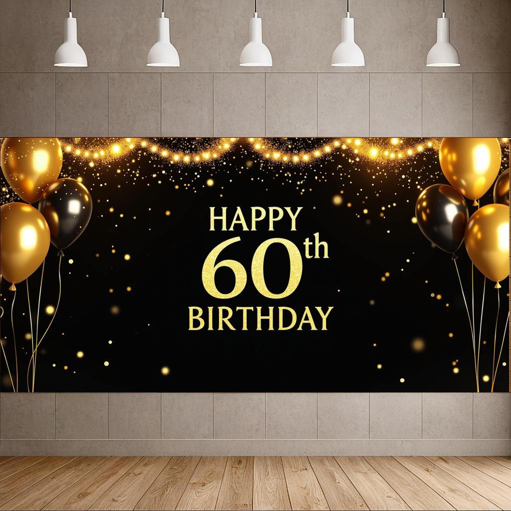 Блестящий баннер с надписью «С 60-летием!», чёрно-золотые шары, украшение для фона на день рождения, реквизит для фотосъёмки