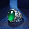 Ethnic Style Hollow Carved Oval Green Agate Finger Jewelry Retro 925 Sterling Silver Rings for Men Accessories Daily Wear
