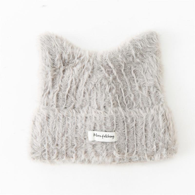 [Thin] Korean cute cat ears plush hat autumn and winter warm ear protection hat versatile big head circumference knitted hat