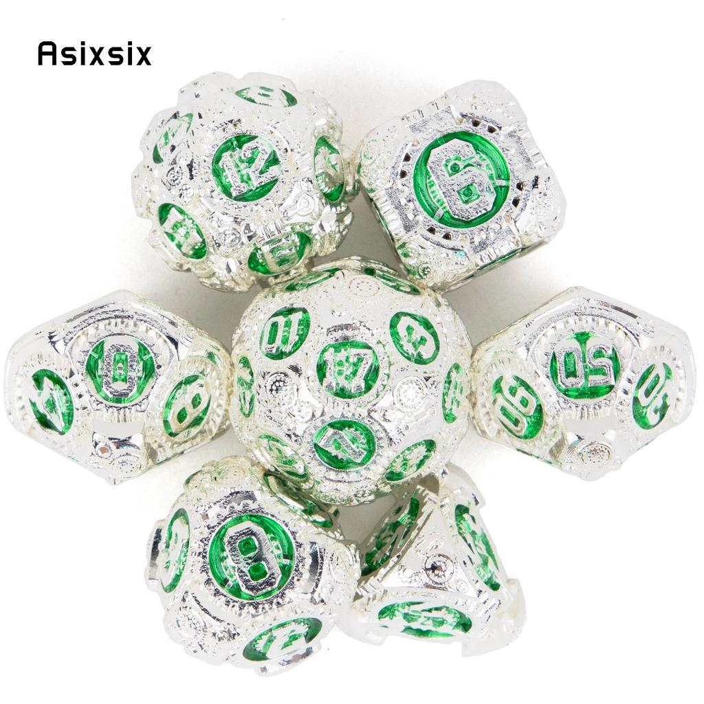 7 Pcs White Green Gear Wheel Metal Dice Solid Metal Polyhedral Dice Set Suitable for Role-Playing RPG  Board Game Card Game