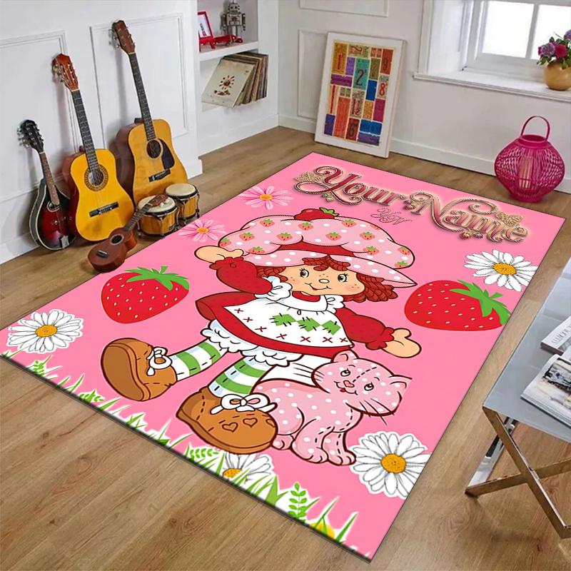 Princess Strawberry Design Area Rug Personalized Name- Non-Slip, Soft & Cozy Floor Mat for Living Room, Office - Indoor/Outdoor Carpet
