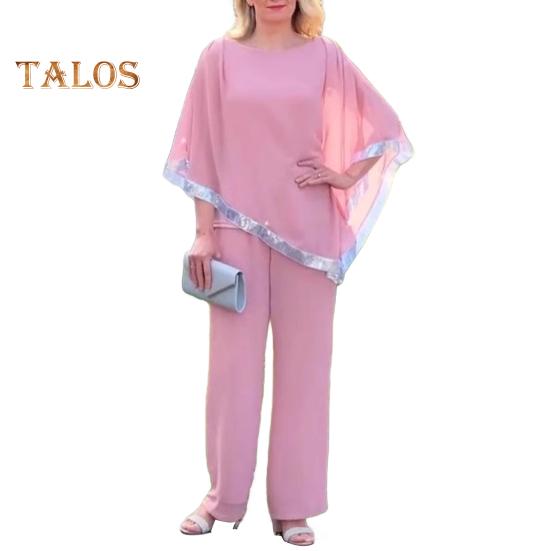 Женский комплект из 2 предметов: топ и брюки, рукава «летучая мышь», неровный подол с пайетками, блузка с круглым вырезом, однотонные широкие брюки, повседневный свободный наряд