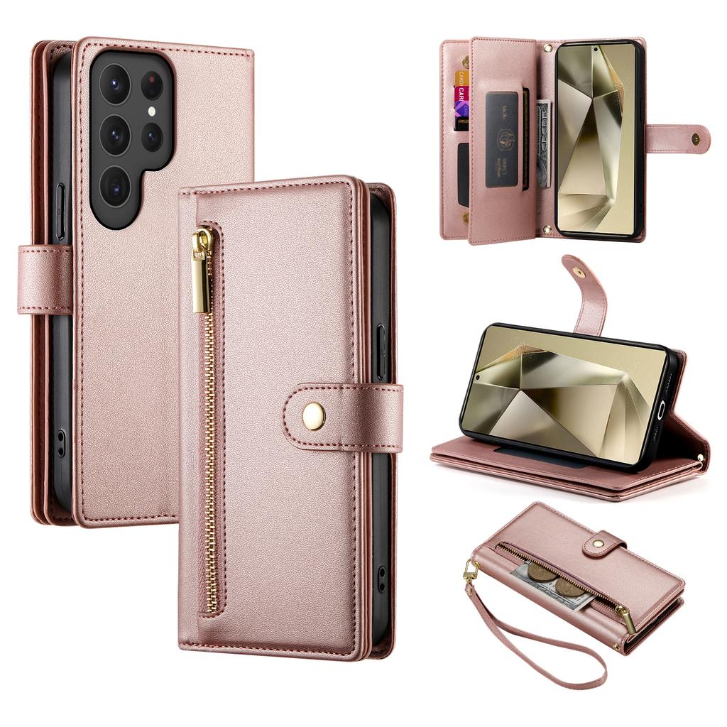 DF-011 For Samsung Galaxy S24 Ultra Case with Shoulder Strap Zipper Leather Phone Cover
