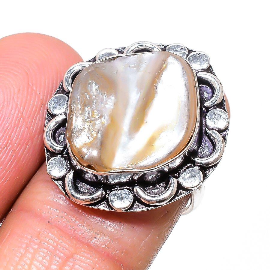 Natural Biwa Pearl Gemstone 925 Sterling Silver Jewelry Ring Size 7 s5J27