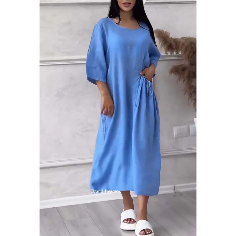 Женское платье размера плюс, однотонное повседневное длинное платье с круглым вырезом и пуговицами