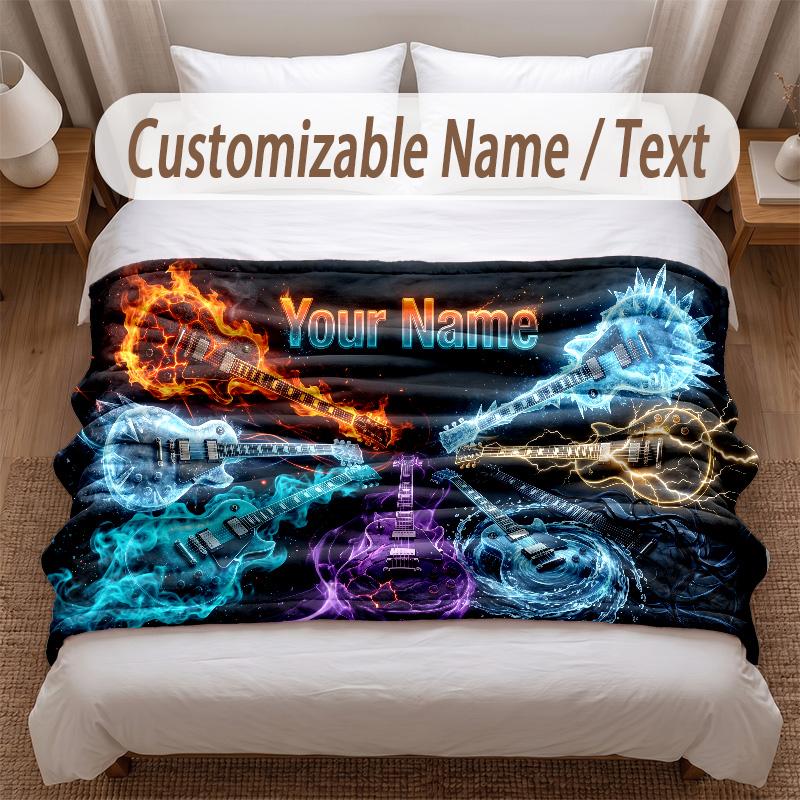 Music Guitar Theme Soft Blanket Personalized Custom Name Text Print Warm Blanket Home Sofa Bedroom Decor