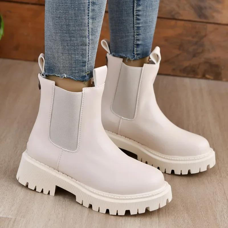2024 Высококачественная обувь Женские ботинки на молнии Осень-зима Круглый носок Твердые короткие бочонки на низком каблуке Большие размеры Челси