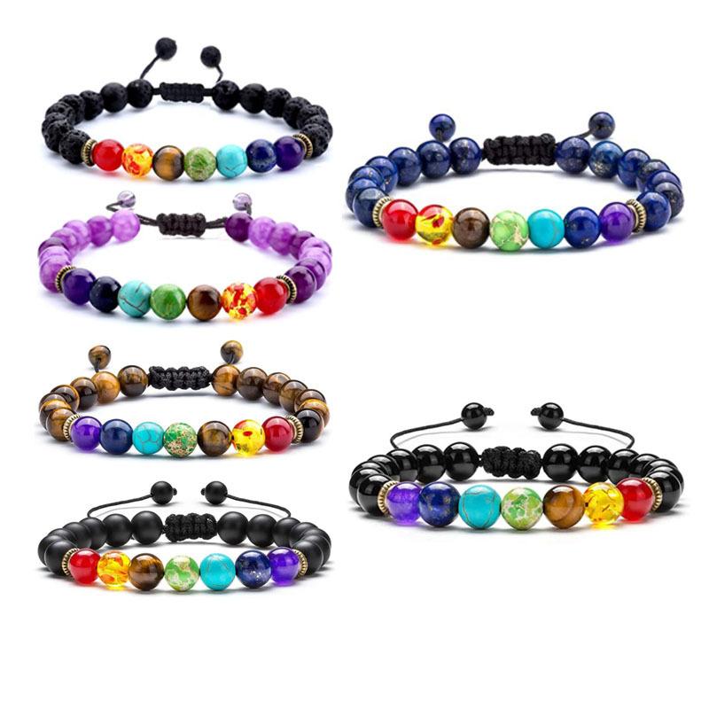 Natural Stone Beads Multicolor Bangle 7 Chakra Healing Balance Beads Bracelet for Women Reiki Prayer Yoga Wristband