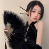 Antique Feather Fan Cheongsam Women'S Catwalk Folding Fan Hanfu New Year'S Black Lace Fan Dance Fan Retro Chinese Style