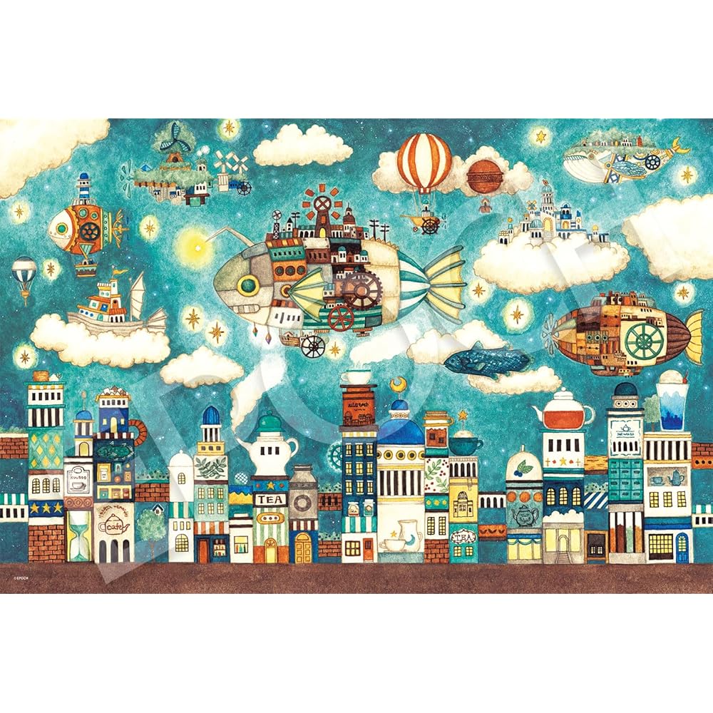 EPOCH 1000 Piece Jigsaw Puzzle Noriko Nishimura Flying Fish Town Cafe Illustration 50x75cm with Glue and Tool
