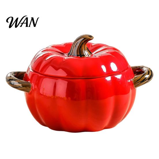Handled Soup Bowl with Lid Pumpkin And Double Handle, Microwave Safe Decorative Practical Kitchen Gift for Home Ceramic Bowl, Heat Resistant Pot Stews