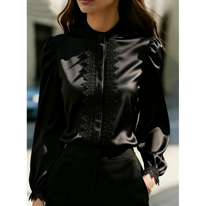 2026 Womens Satin Lace Trim Stand Collar Blouse Long Sleeve Office Chic Top