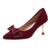 Women's Spring and Autumn New Red Rhinestone Bow Large Wedding Shoes Pointed Comfortable Shallow Mouth High Heels